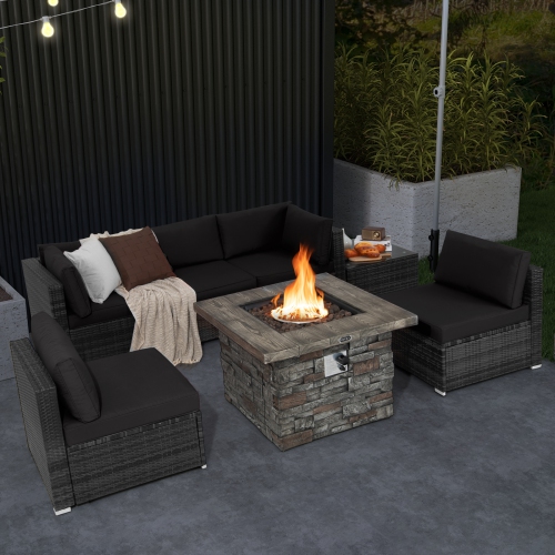 Costway 7 PCS Patio Furniture Set with 50,000 BTU Fire Pit Table Wicker Sofa Set with Cushions Black/Navy/Red/Turquoise/Off White