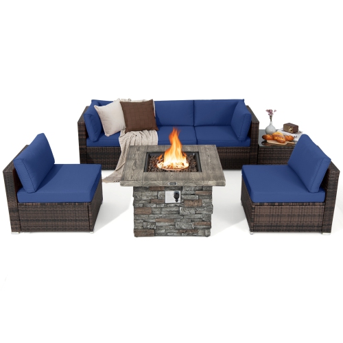 Costway 7 PCS Patio Furniture Set with 50,000 BTU Fire Pit Table Wicker Sofa Set with Cushions Black/Navy/Red/Turquoise/Off White