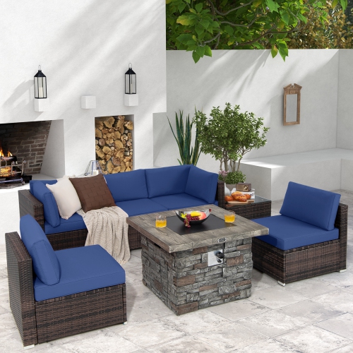 Costway 7 PCS Patio Furniture Set with 50,000 BTU Fire Pit Table Wicker Sofa Set with Cushions Black/Navy/Red/Turquoise/Off White