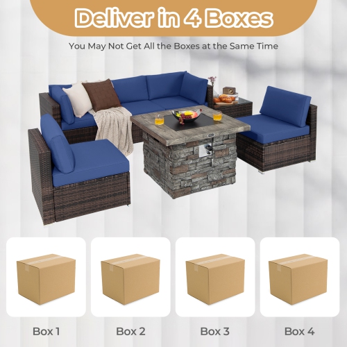 Costway 7 PCS Patio Furniture Set with 50,000 BTU Fire Pit Table Wicker Sofa Set with Cushions Black/Navy/Red/Turquoise/Off White