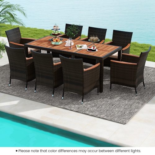 Costway 9PCS Patio Wicker Dining Set Acacia Wood Table Top Umbrella Hole Cushions Chairs