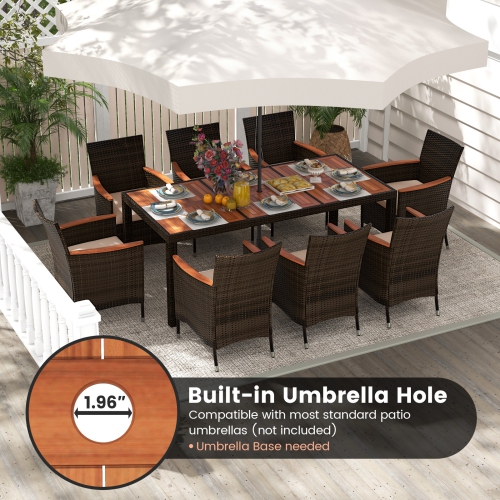 Costway 9PCS Patio Wicker Dining Set Acacia Wood Table Top Umbrella Hole Cushions Chairs