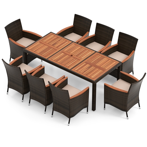 Costway 9PCS Patio Wicker Dining Set Acacia Wood Table Top Umbrella Hole Cushions Chairs