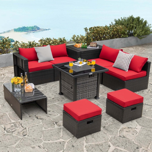 Costway 9 Pieces Patio Furniture Set with 50,000 BTU Propane Fire Pit Table Black/Gray/Navy/Red/White/Turquoise