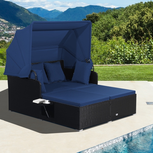 Image 1 de 10.. Chaise longue de patio en rotin de Costway coussins de table latéraux rétractables à auvent