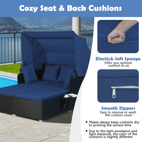 Costway Patio Rattan Daybed Lounge Retractable Top Canopy Side Tables Cushions