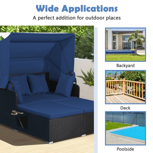 Costway Patio Rattan Daybed Lounge Retractable Top Canopy Side Tables Cushions
