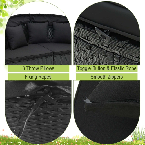 Lit de repos rond de patio de Costway avec auvent rétractable en rotin, noir/blanc