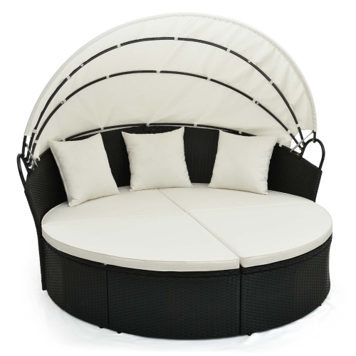 Costway Patio Round Daybed with Retractable Canopy Rattan Sectional Seating Black/White