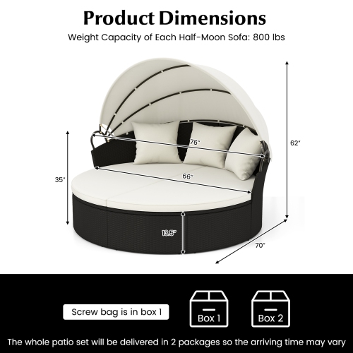 Costway Patio Round Daybed with Retractable Canopy Rattan Sectional Seating Black/White