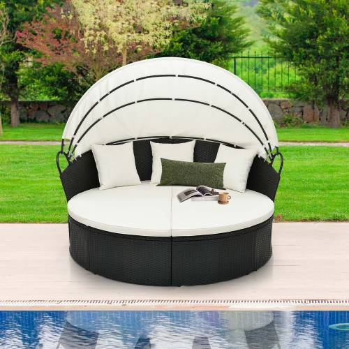 Costway Patio Round Daybed with Retractable Canopy Rattan Sectional Seating Black/White