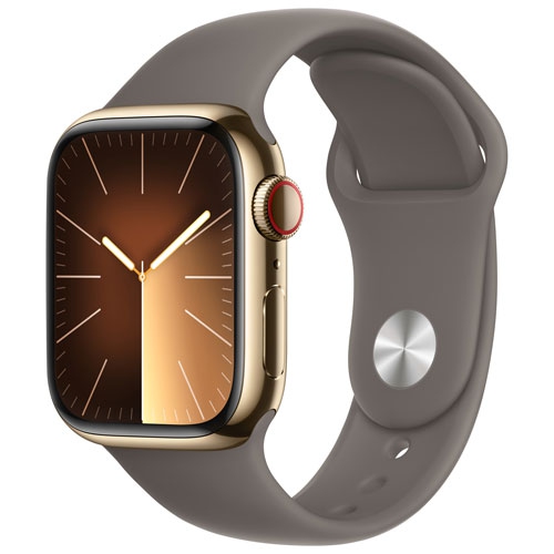 Boîte ouverte - Apple Watch Series 9 avec boîtier 41&nbsp;mm en acier inoxydable doré et bracelet sport argile - petit/moyen