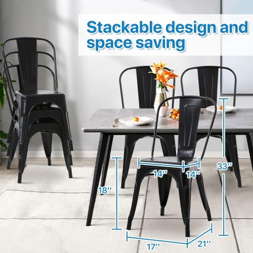 Ensemble de 4 chaises de table bistro en métal style rétro de 18 po hauteur de siège de restaurant chaises de cuisine empilables chaises de bar