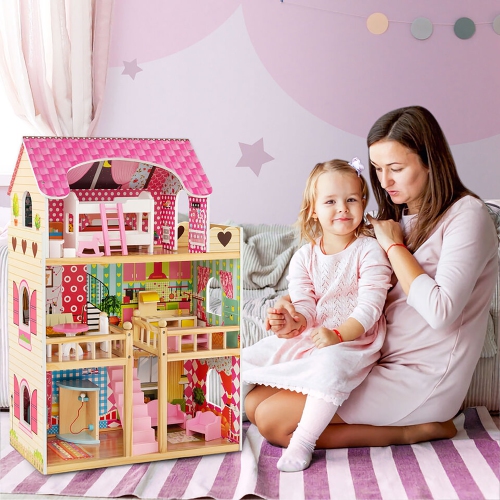 Gymax Kids Wooden Dollhouse Toddler DIY Pretend Playhouse w/ 15 Furniture Accessories