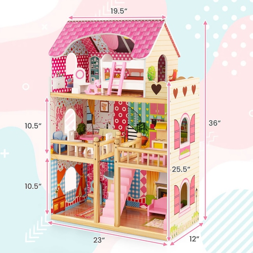 Gymax Kids Wooden Dollhouse Toddler DIY Pretend Playhouse w/ 15 Furniture Accessories