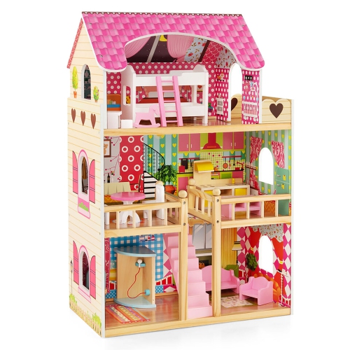 Gymax Kids Wooden Dollhouse Toddler DIY Pretend Playhouse w/ 15 Furniture Accessories
