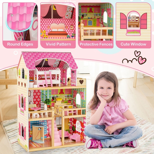 Gymax Kids Wooden Dollhouse Toddler DIY Pretend Playhouse w/ 15 Furniture Accessories