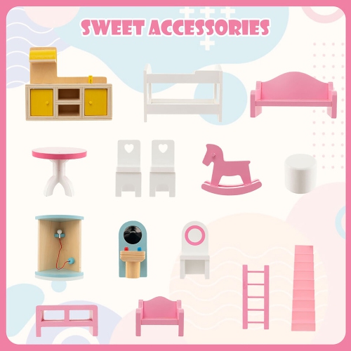 Gymax Kids Wooden Dollhouse Toddler DIY Pretend Playhouse w/ 15 Furniture Accessories