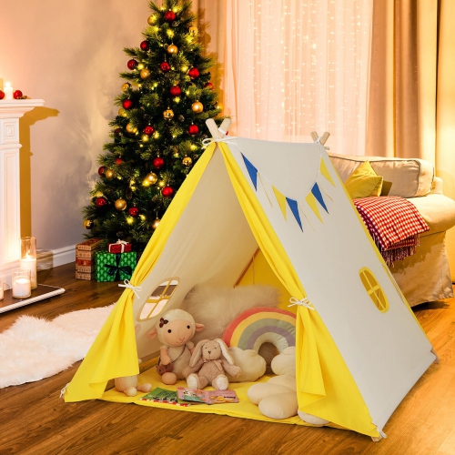 Gymax Kids Play Tent Triangular Kids & Toddlers Tent with Solid Wood Frame Beige