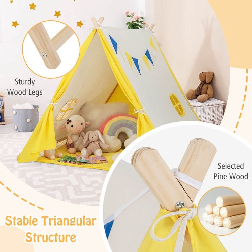 Gymax Kids Play Tent Triangular Kids & Toddlers Tent with Solid Wood Frame Beige