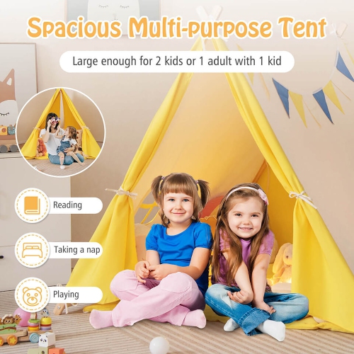 Gymax Kids Play Tent Triangular Kids & Toddlers Tent with Solid Wood Frame Beige