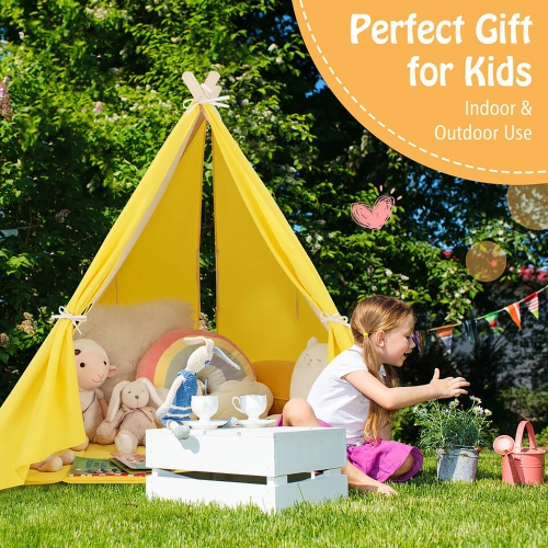 Gymax Kids Play Tent Triangular Kids & Toddlers Tent with Solid Wood Frame Beige