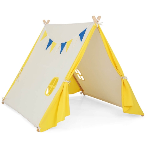 Gymax Kids Play Tent Triangular Kids & Toddlers Tent with Solid Wood Frame Beige
