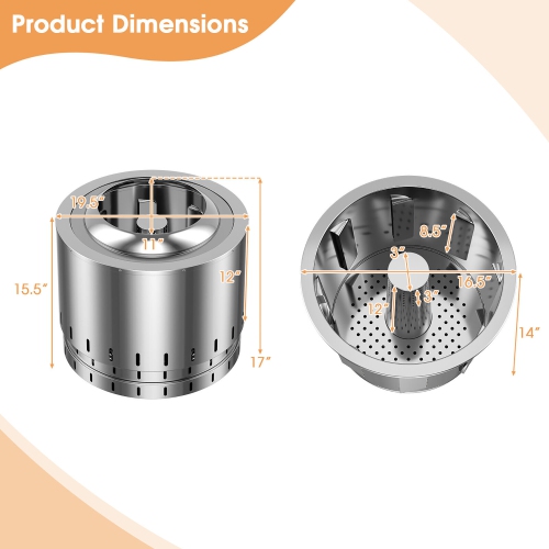 Gymax 19.5'' Smokeless Fire Pit Stainless Steel Wood Burning Firepit w/ Rain Cover