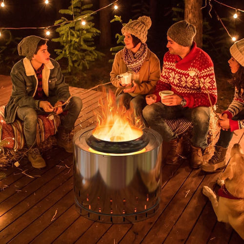 Gymax 19.5'' Smokeless Fire Pit Stainless Steel Wood Burning Firepit w/ Rain Cover