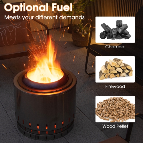 Gymax 19.5'' Smokeless Fire Pit Stainless Steel Wood Burning Firepit w/ Rain Cover
