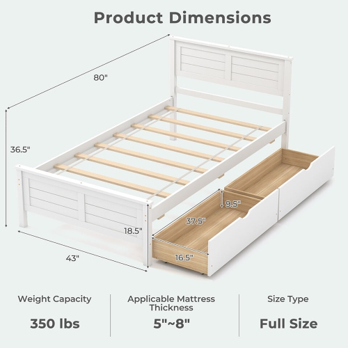 Gymax Twin/Full Size Wooden Bed Frame w/ 2 Storage Drawers & Under-bed Storage White