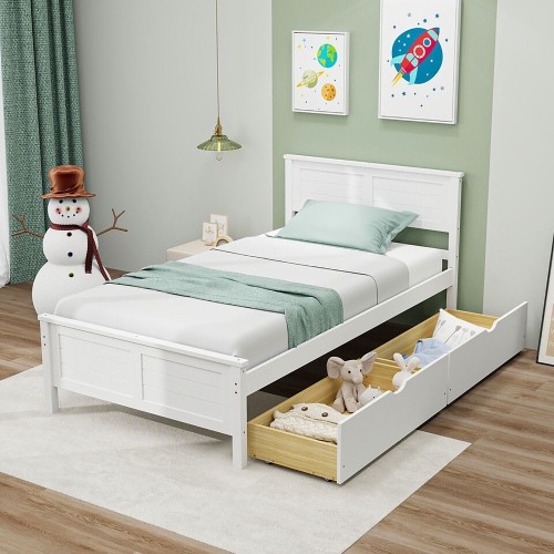 Gymax Twin/Full Size Wooden Bed Frame w/ 2 Storage Drawers & Under-bed Storage White