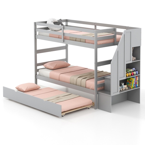 GYMAX  Twin Over Twin Wooden Bunk Bed W/ Trundle Storage Stairs Convertible