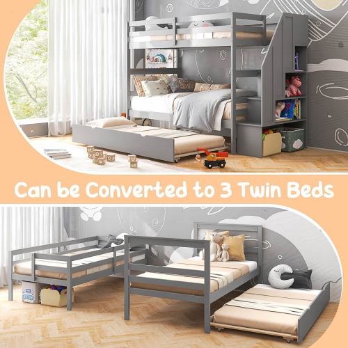 Gymax Twin over Twin Wooden Bunk Bed w/ Trundle Storage Stairs Convertible