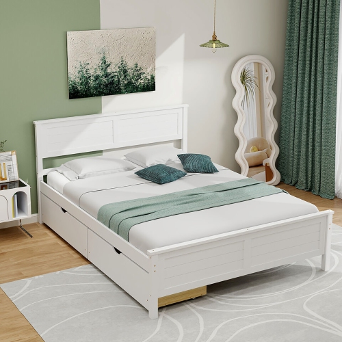 GYMAX  Twin/full Size Wooden Bed Frame W/ 2 Storage Drawers & Under-Bed Storage In White