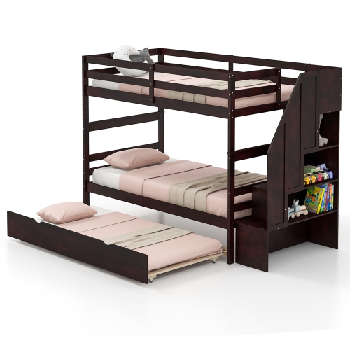 Gymax Twin over Twin Wooden Bunk Bed w/ Trundle Storage Stairs Convertible