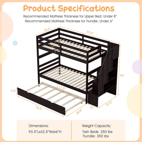 Gymax Twin over Twin Wooden Bunk Bed w/ Trundle Storage Stairs Convertible