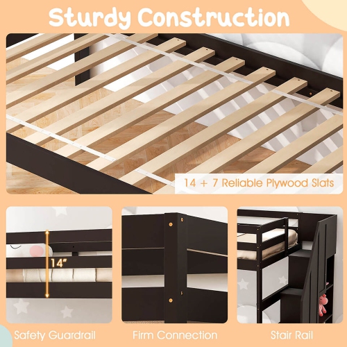 Gymax Twin over Twin Wooden Bunk Bed w/ Trundle Storage Stairs Convertible