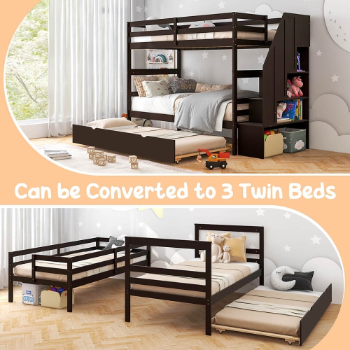 Gymax Twin over Twin Wooden Bunk Bed w/ Trundle Storage Stairs Convertible