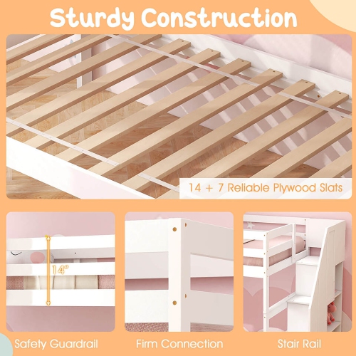 Gymax Twin over Twin Wooden Bunk Bed w/ Trundle Storage Stairs Convertible