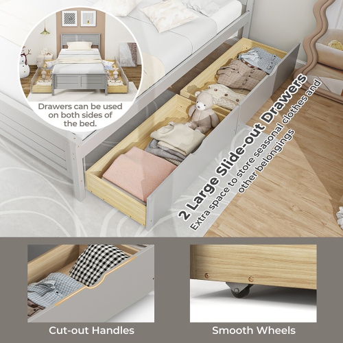 Gymax Twin/Full Size Wooden Bed Frame w/ 2 Storage Drawers & Under-bed Storage Gray