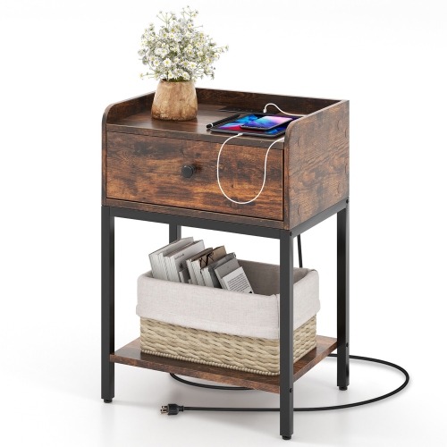 GYMAX  Nightstand Side End Table W/ Charging Station Drawer Open Shelf for Small Space