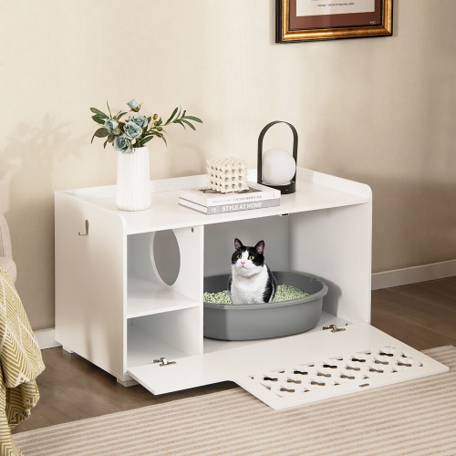 Gymax Cat Litter Box Enclosure w/ Removable Cushion & Flip-Down Opening Modern White