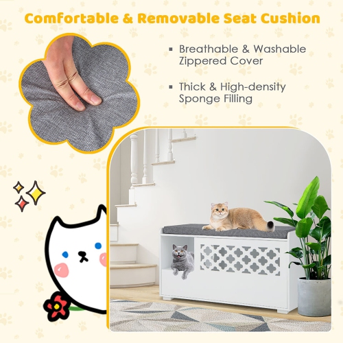 Gymax Cat Litter Box Enclosure w/ Removable Cushion & Flip-Down Opening Modern White