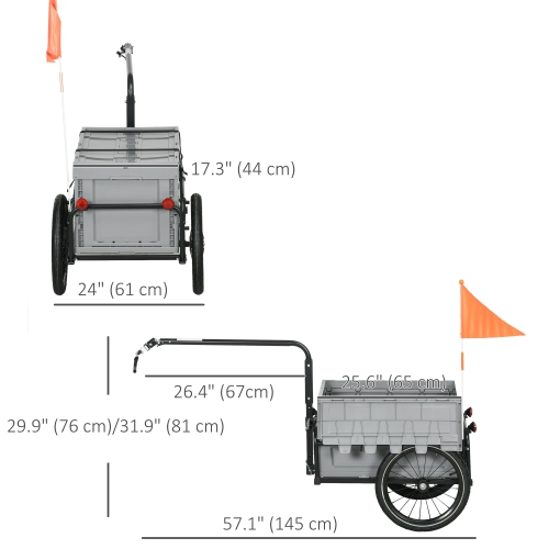 Aosom Bike Cargo Trailer, Bicycle Trailer Wagon Cart with Removable Storage Box, Quick Release 16" Wheels and Safe Reflectors, Max Load 88LBS, Grey