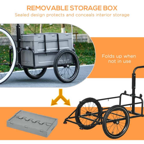 Aosom Bike Cargo Trailer, Bicycle Trailer Wagon Cart with Removable Storage Box, Quick Release 16" Wheels and Safe Reflectors, Max Load 88LBS, Grey