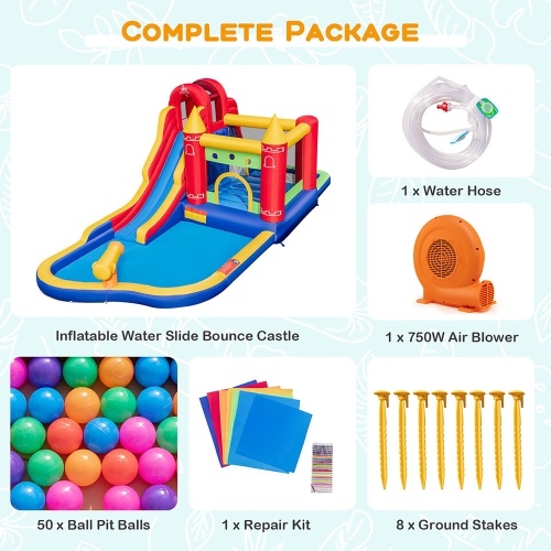 Gymax 9 in 1 Inflatable Bounce House Water Park w/ 750W Blower for 3-10 Years Old