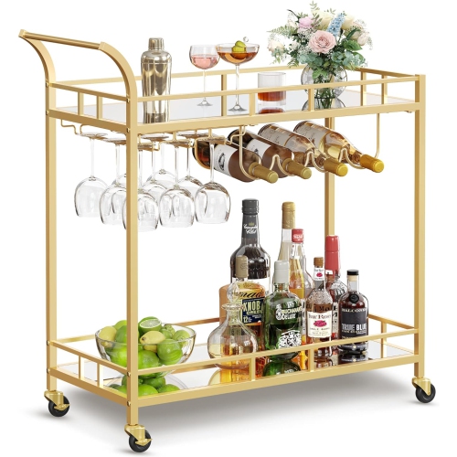 Boutique Home Tempered Glass Gold Bar Serving Cart With Mirrored Shelves And Bottle Holders