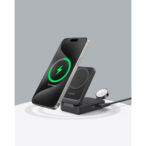 Anker Qi2 MagGo 3-in-1 15W Wireless Charging Station with MagSafe - Black