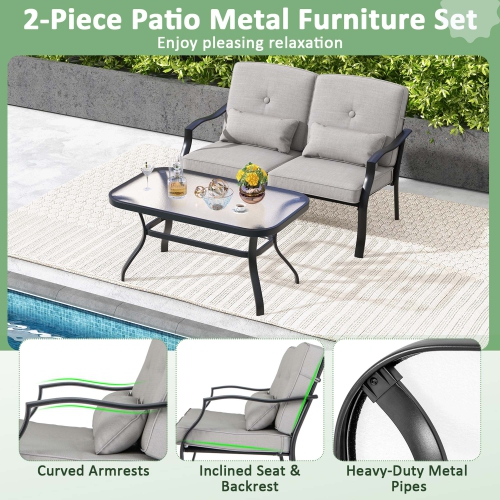 Costway 2 PCS Patio Furniture Set Outdoor Loveseat Chair Coffee Table Cushioned Seat